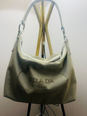 Vintage Prada Milano Canvas Hobo Shoulder Bag White Leather Trim Y2K Italy