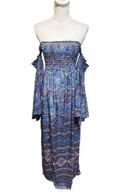 Karma Highway Silky Maxi Dress OS Long Off Shoulder Flare Sleeves Smocked Boho