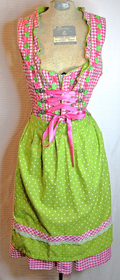 Authentic Alpin Trachten Original Dirndl Dress Pink Gingham 29'' Green Apron S