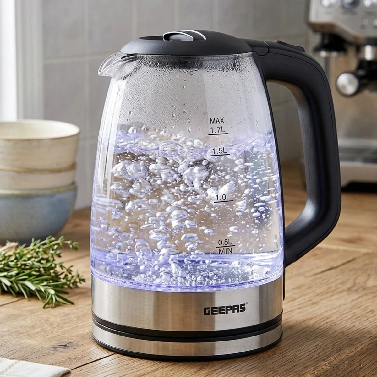 Geepas Blue LED Glass Electric Kettle 1.7L 2200W Fast Boil Cordless 360° Base