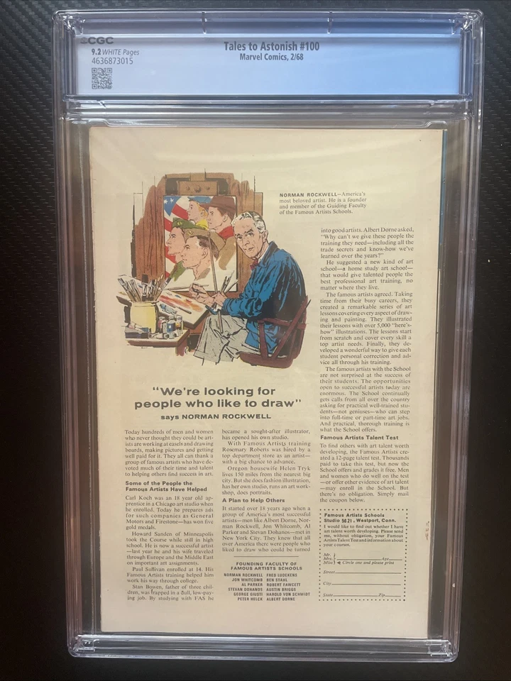 Tales To Astonish #100 (1968) CGC 9,2 casi nuevo-blanco- cubierta de batalla Hulk vs Sub-Mariner Foto 3 de 3