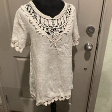 Elena Baldi M Linen Lace Top Shirt Sleeves Lace Edging At Hem And Sleeves