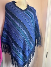 100 Baby Alpaca Peruvian Poncho Blue With Tassel Fringe V Shape Peru