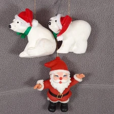 Santa Clause & Winter Polar Bears Christmas Ornaments 3pc Flocked - Mid-Century