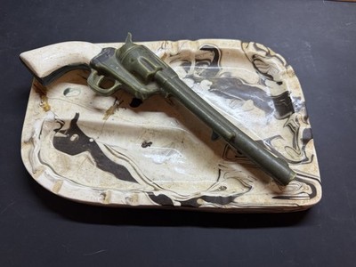 Western Ashtray w/ 6 Shooter. 1970s Era. Unique Cowboy Item! Fair Shape Ash Tray