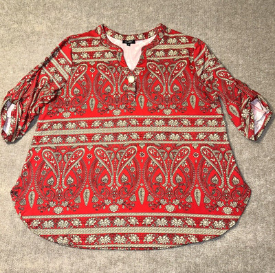 Plus Size Paisley Tunic Top Blouse Womens 2XL Red Stretch Brushed Poly Casual
