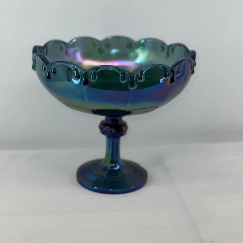 Vintage Indiana Carnival Glass Iridescent Blue Garland Pedestal Fruit Bowl