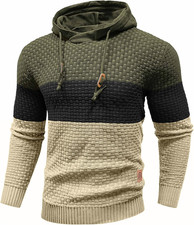 Mens Hooded Sweatshirt Long Sleeve Solid Knitted Hoodie Pullover Sweater