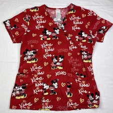 Disney Womens XSmall Minnie  Mickey Mouse Kiss Hearts Love Nurse Scrubs Top A4