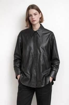 & Other Stories Nappa Leather Shirt Jacket Shacket In Black Women's Size US 6
