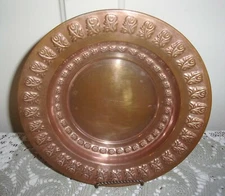  Arts and Crafts Style Copper Floral Stamped Wide Rimmed 9.5 Inch Low Bowl