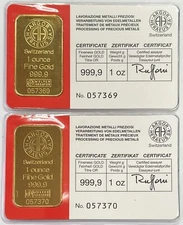 (2) GOLD SWITZERLAND ARGOR HERAEUS 1oz EACH 999.9 FINE CONECTED CONSECUTIVE BARS