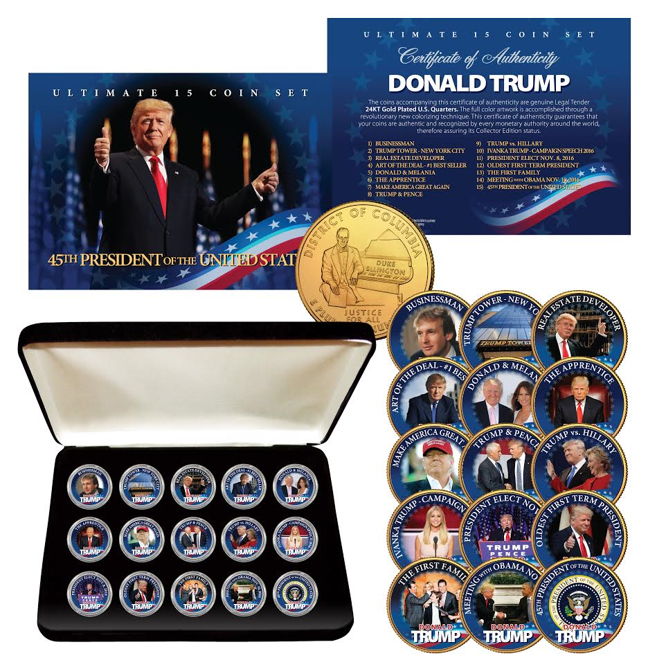 DONALD TRUMP 15-Coin Golden Washington DC Quarter Coin Set w/BOX