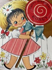 Vtg Birthday Card Girl Lollipop Hallmark Mid Century white Picket fence