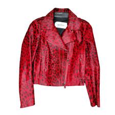 Valentino Rare Stunning Fitted Biker Jacket In Red Leopard Print Calf Hair, Size
