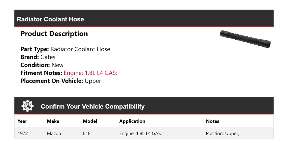 For 1972 Mazda 618 1.8L L4 GAS Radiator Coolant Hose Upper Gates - Image 2 of 4