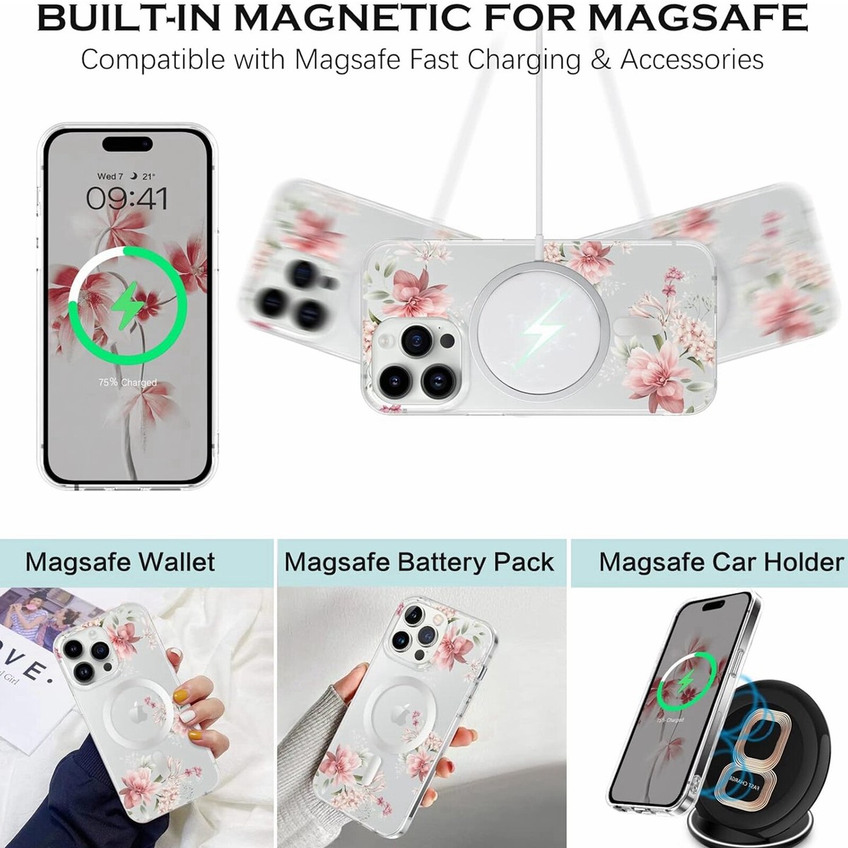 For iPhone 17 Pro Max 15 16 13 Mag Safe Magnetic Clear Flower
