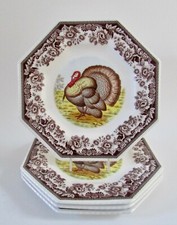 Spode Woodland Turkey 9 5/8" Octagonal Luncheon Plates Set 4