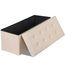 43'' Ottoman Storage Bench PVC Leather Foldable Footrest Stool w/ Divider Beige