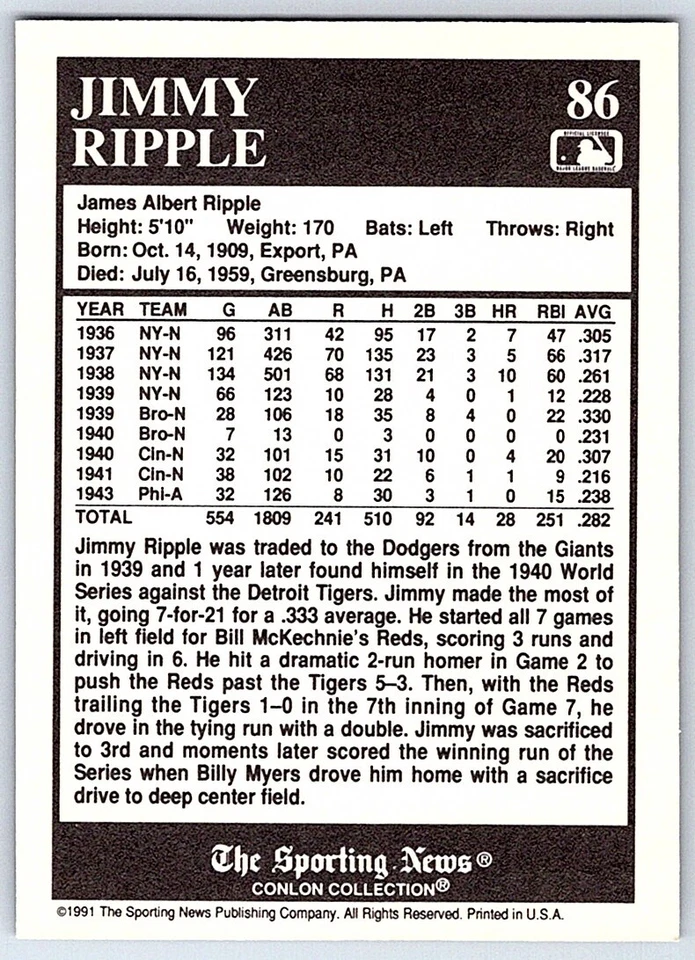 1991 Conlon Collection TSN Jimmy Ripple New York Giants #86 - Image 2 of 2