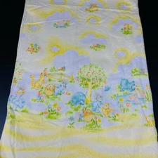 Vintage Dundee Receiving Baby Blanket Yellow Blue Bear Bunny Trees Cats 1978