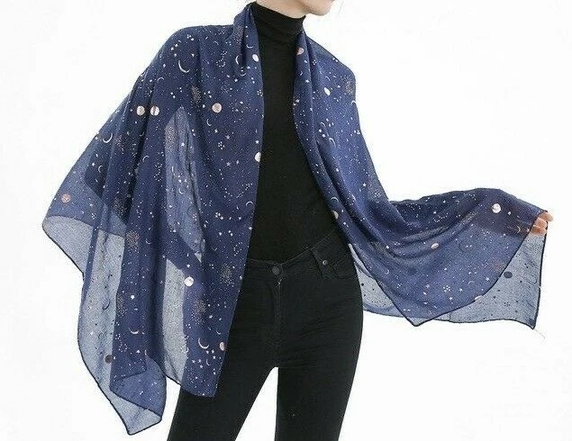 Gold Glitters Shimmer Foil Moon Light Stars Women Scarf Shawl Wrap