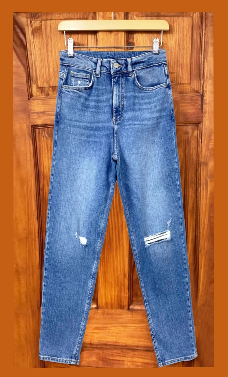 Marks and Spencer Womens High Waisted Mom Jeans M S Mid Blue Distressed Trousers