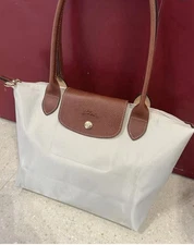 LONGCHAMP le Pliage Tote Bag M size white brown Leather  