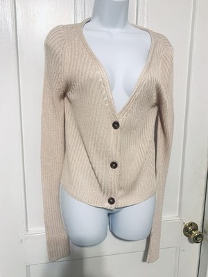 Free People Women's Button Up Short Knit Sweater Sz M Pale Almond  Spring Light