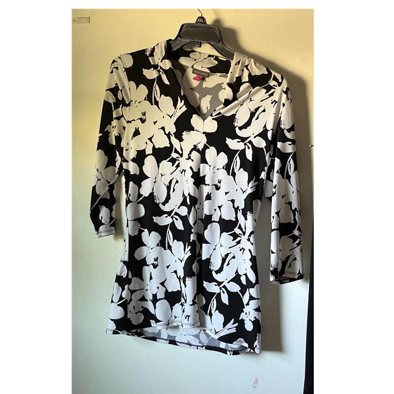 Vince Camuto Floral Black White V-Neck 3/4 Sleeve Blouse Women Size L