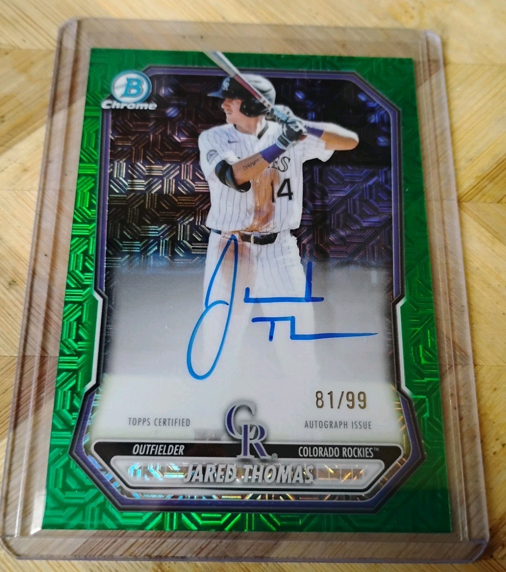 2026 Bowman Chrome Jared Thomas Green Mojo 81/99 Refractor Rockies AUTO BMA-JTH