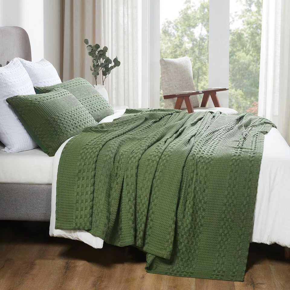VHC Brands 100% Cotton Waffle Weave Queen (90"x90"), Olive Green  - Image 2 of 4