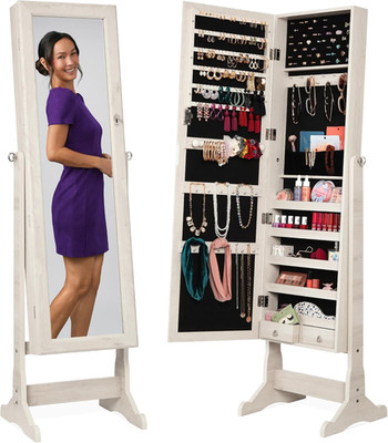 Freestanding Jewelry Armoire Cabinet, Full Length Standing Mirror, Lockable Make