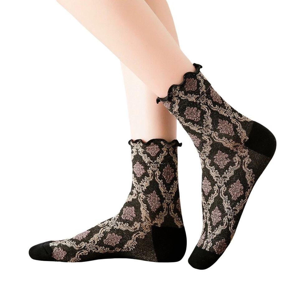 5 pares de meias femininas de algodão flor meia panturrilha elástica esportes tripulação - Imagem 2 de 3