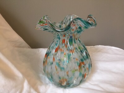 Vintage Art Glass SPATTER GLASS Turq. Rust White 6.5x5  Ruffled Edge Swirl ribs 