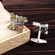 Natural Peridot & Lab Created Sapphire With 925 Sterling Silver Cufflinks #931