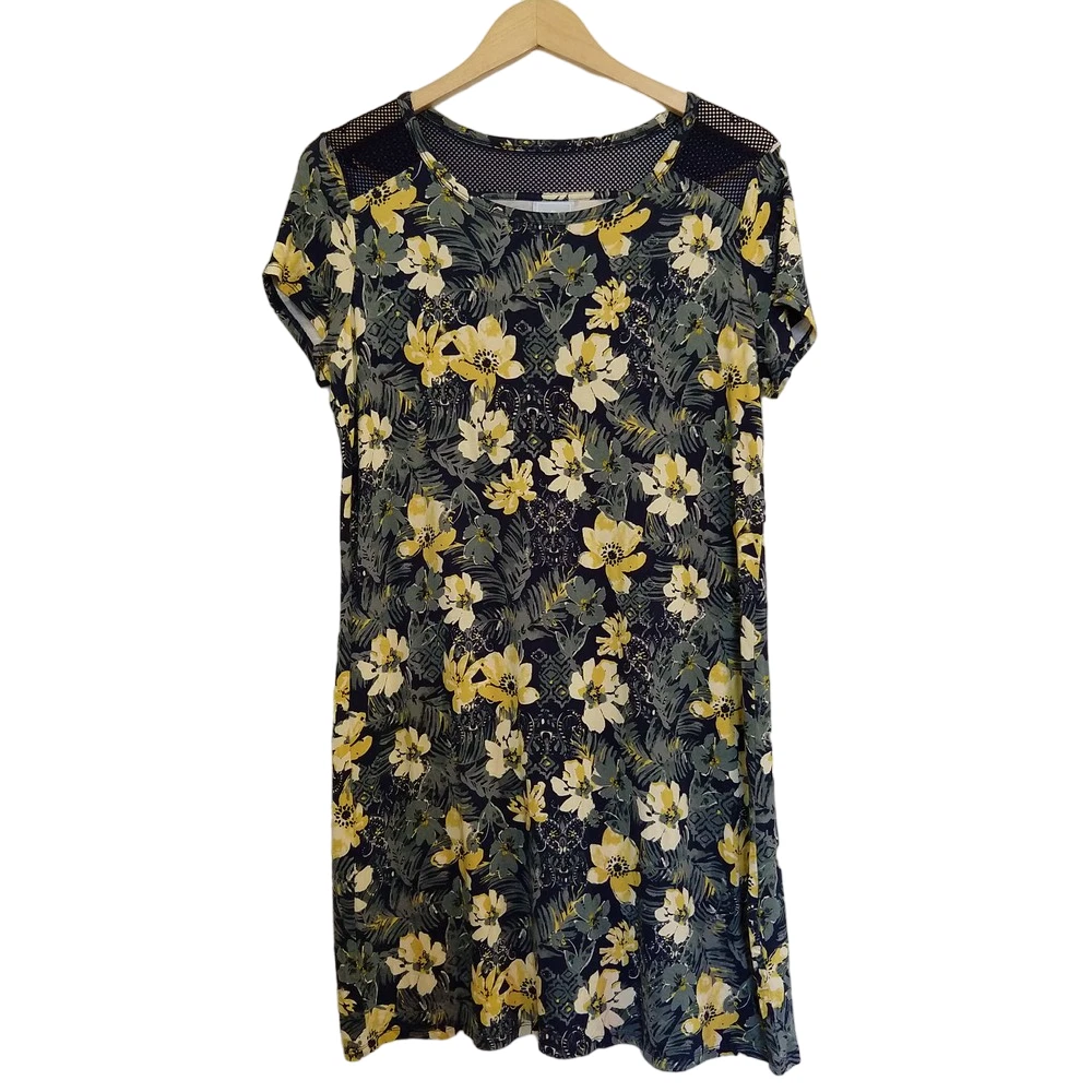 Floral Print T Shirt Dress Mesh Yoke Shoulder M Dressbarn Sunday