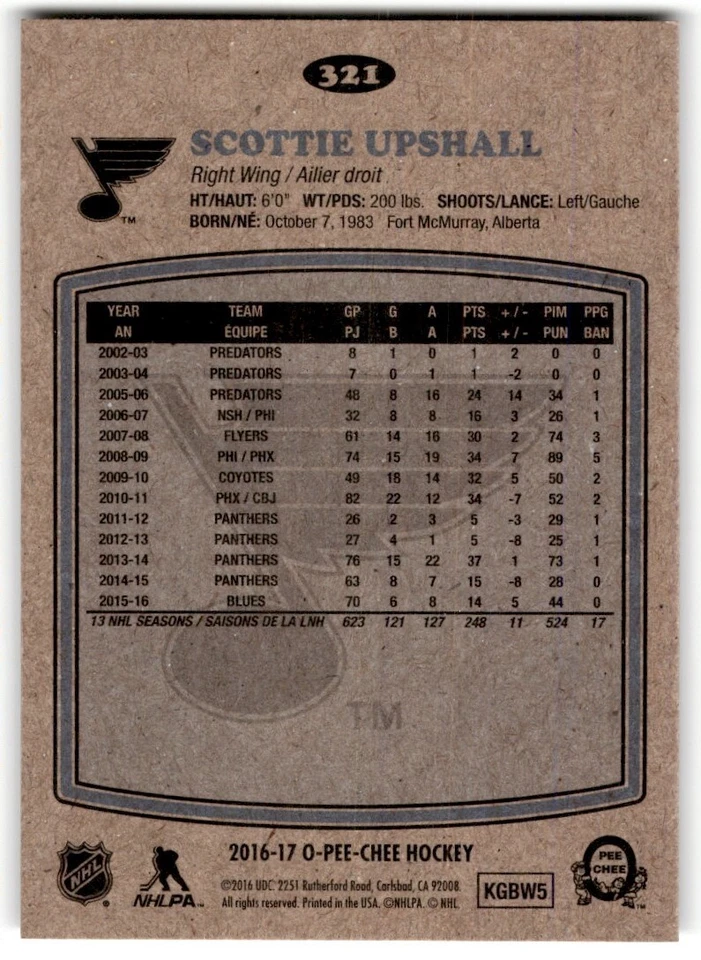 Scottie Upshall 2016-17 O-Pee-Chee Retro #321 St. Louis Blues - Image 2 of 2