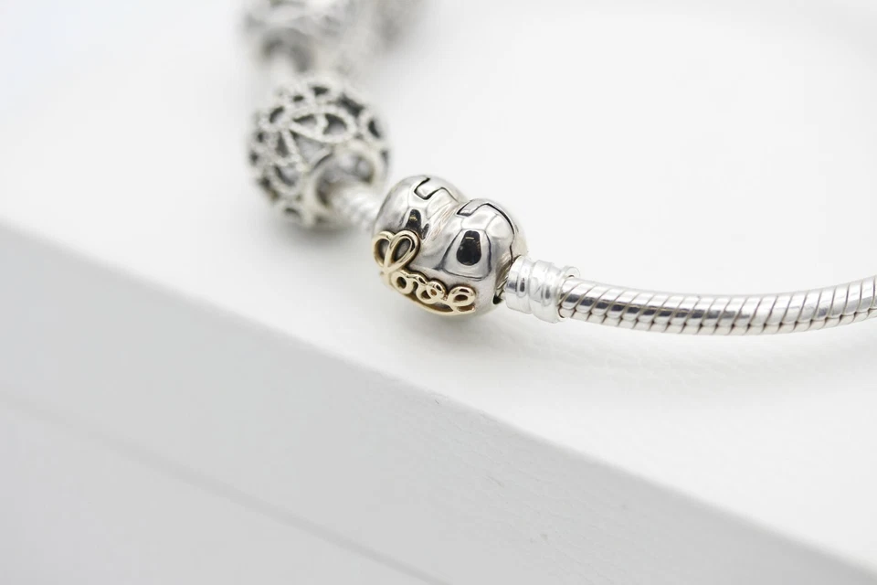 Pandora Armreif mit 3 Elementen 925er Silber & 1 Herz/Love Clip Silber Gold Top  - Bild 3 von 4