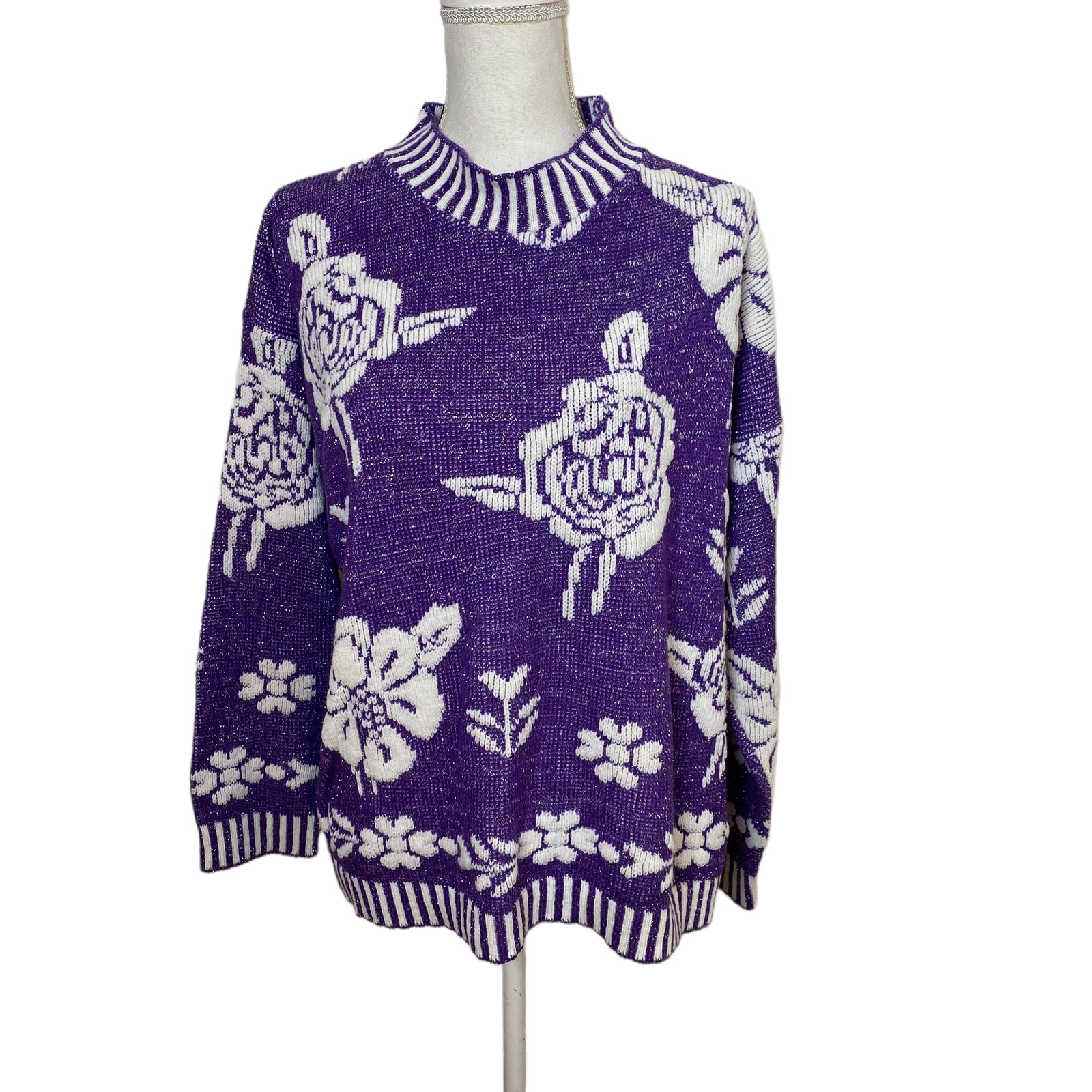 Vintage 80s Glamour-Knit Floral Sweater Metallic … - image 3
