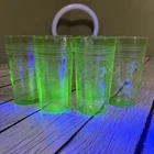 6 Depression Era Green Uranium Glass 5.5" Tumbler with Etched Floral and Stripes