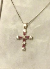 18K White Gold Ruby Diamond Cross Necklace Pendant Jeweler Paperwork Receipt