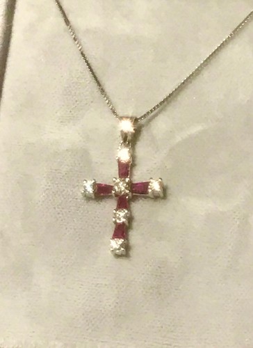 18K White Gold Ruby Diamond Cross Necklace Pendant Jeweler Paperwork Receipt