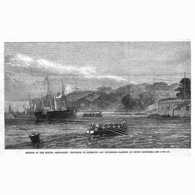 PLYMOUTH Excursion Boat Landing at Mount Edgcumbe - Antique Print 1869