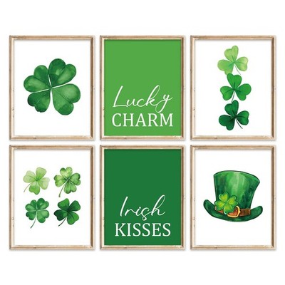 6Pcs St. Patrick' s Day Wall Art Prints Wall Decor Watercolor Shamrock Lucky C 