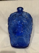 Beautiful Blue Glass Bottle with Shell Design 9 Inches Tall Excellent Condition