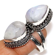 925 Silver Plated Long Vintage Rainbow Moonstone Ring US 8 Christmas Gift JW