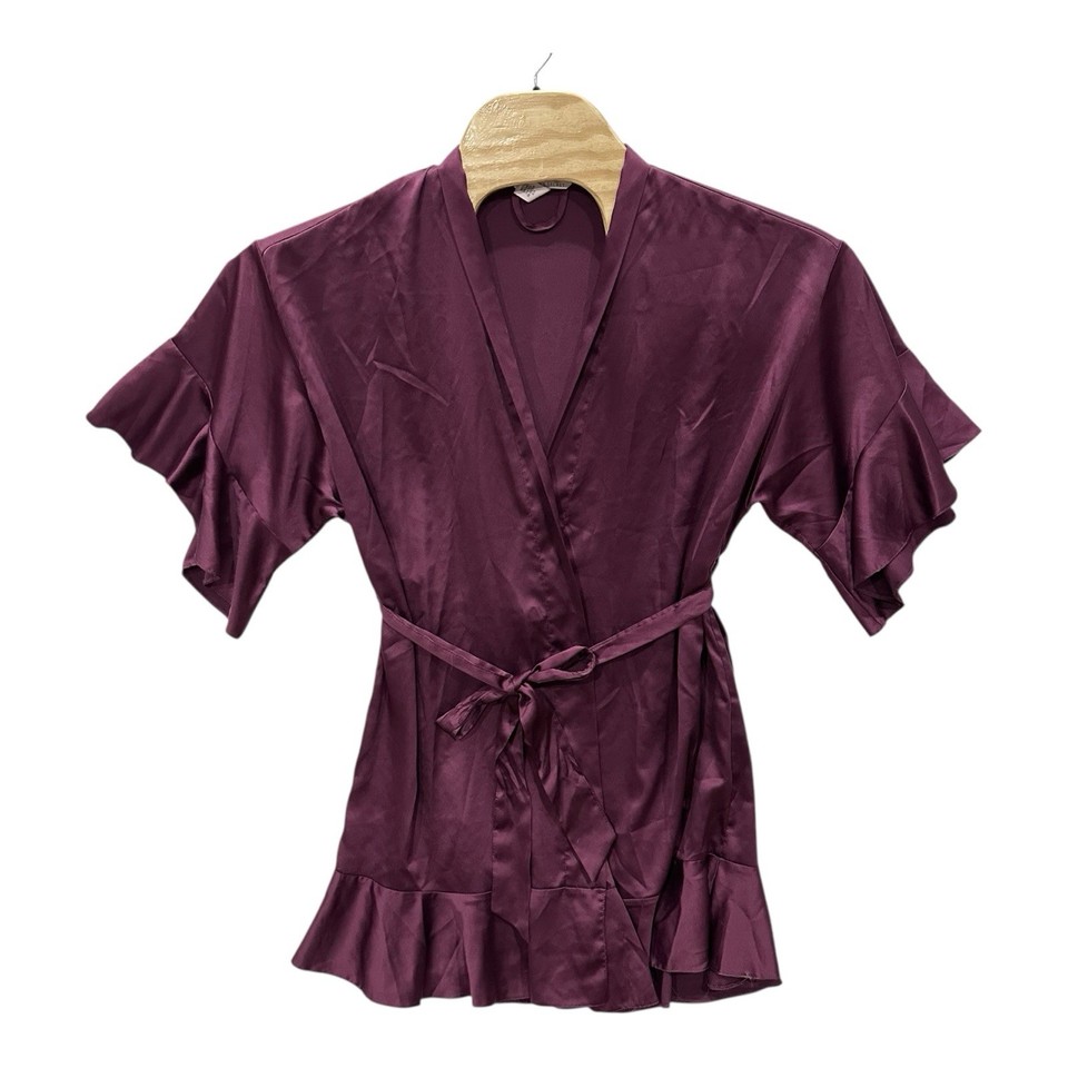 VICTORIA SECRET Size S Burgundy Wine Satin Flounce Sexy Silky Robe ...