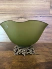 Vintage Ruffle Rim Frosted Green Glass  Brass Pedestal Bowl MCM