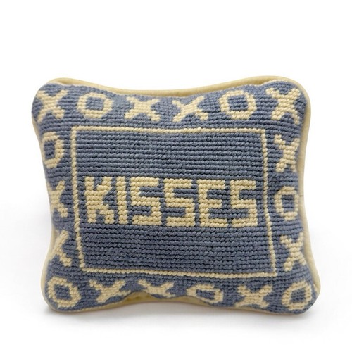 Vintage Needlepoint Kisses XOXO Light Blue Mini Accent Pillow